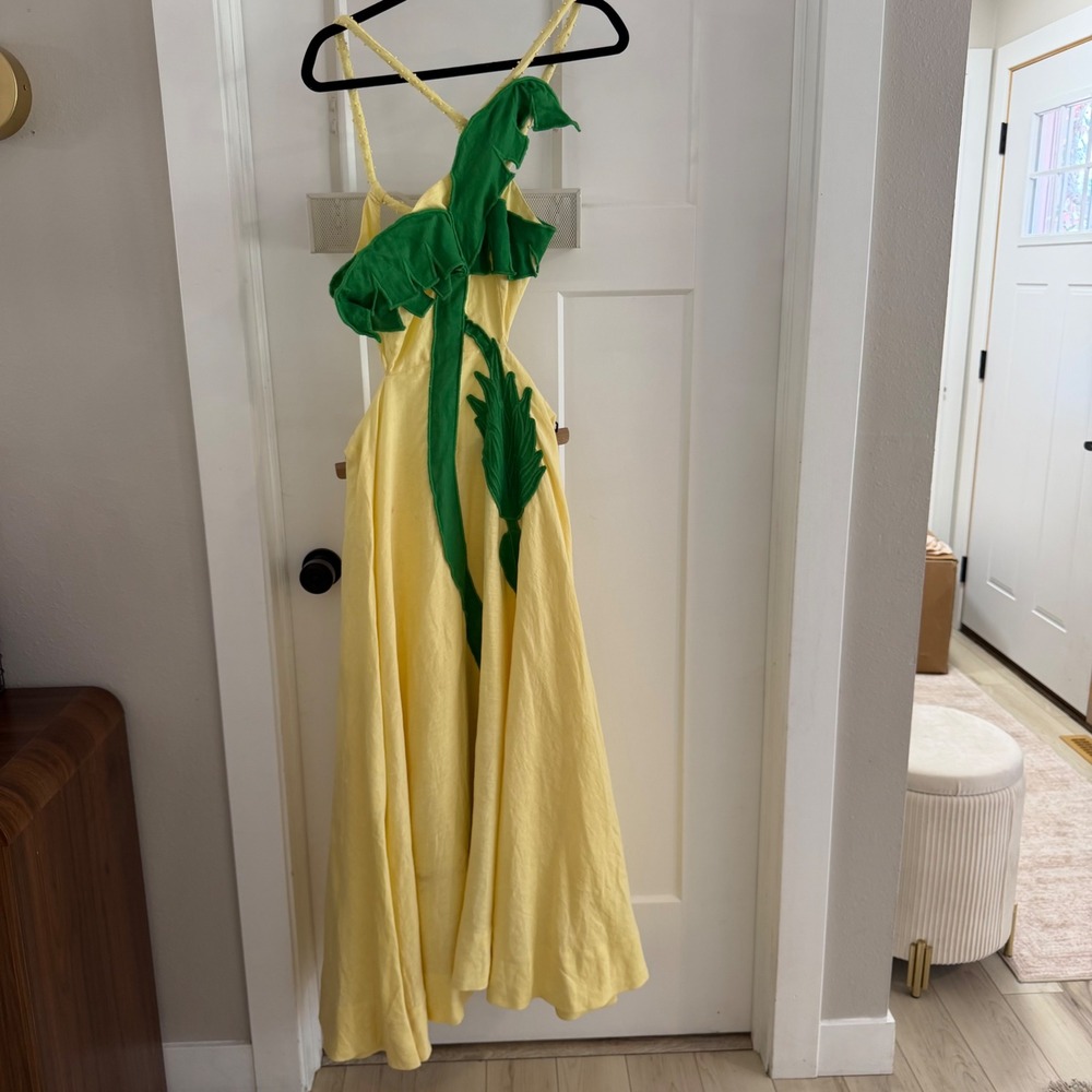 Farm Rio Palm Tree Cutwork Yellow Linen Applique Maxi Dress Maximalist Vacation